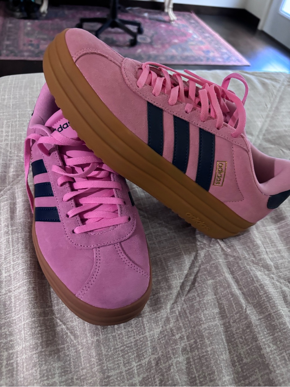 Adidas VL Court Bold shoes in a Bliss Pink / Dark Blue Gold metallic branding